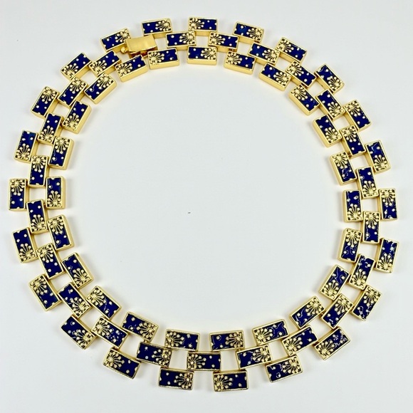 Rare Lulu Frost Signed Blue Enamel Gold Statement Necklace 17” Excellent Cond. - Picture 8 of 17